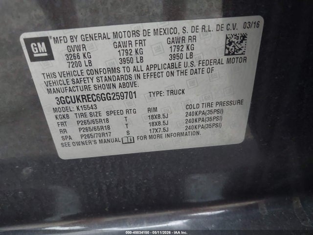 3GCUKREC6GG259701 Chevrolet Silverado 1500 2lt