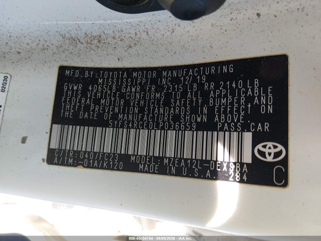 Aukcja sprzedaży 2020 Toyota Corolla Se, vin: 5YFS4RCE0LP036659, numer aukcji: 45034154