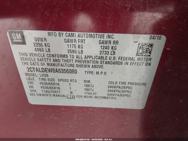 45034158 :رقم المزاد ، 2CTALDEW8A6356080 vin ، 2010 Gmc Terrain Sle-2 مزاد بيع