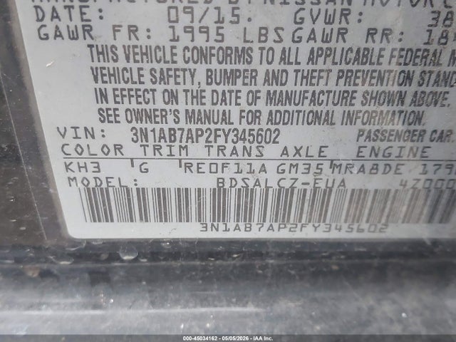 Aukcja sprzedaży 2015 Nissan Sentra S, vin: 3N1AB7AP2FY345602, numer aukcji: 45034162
