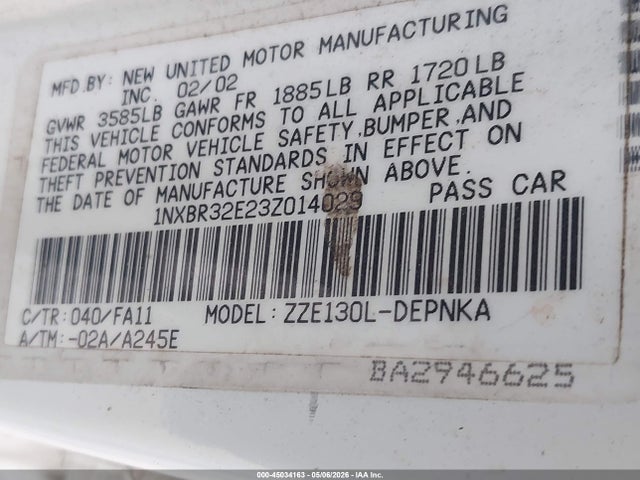 45034163 :رقم المزاد ، 1NXBR32E23Z014029 vin ، 2003 Toyota Corolla Le مزاد بيع