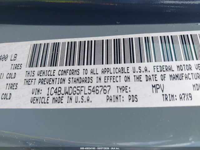 45034165 :رقم المزاد ، 1C4BJWDG5FL546767 vin ، 2015 Jeep Wrangler Unlimited Sport مزاد بيع