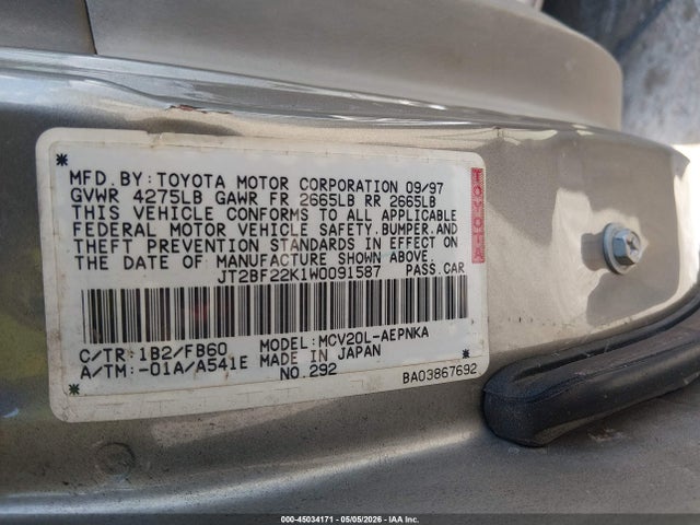 45034171 :رقم المزاد ، JT2BF22K1W0091587 vin ، 1998 Toyota Camry Ce/le/xle مزاد بيع