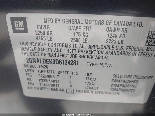 45034174 :رقم المزاد ، 2GNALDEK9D6134281 vin ، 2013 Chevrolet Equinox 1lt مزاد بيع