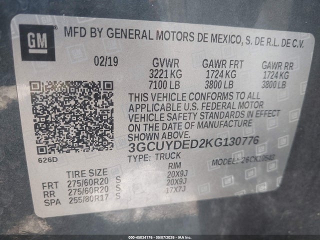 2019 Chevrolet Silverado 1500 Lt მანქანა იყიდება აუქციონზე, vin: 3GCUYDED2KG130776, აუქციონის ნომერი: 45034176