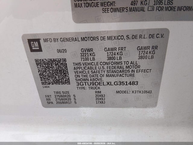 Продаж на аукціоні авто 2020 Gmc Sierra 1500 4wd  Short Box Slt, vin: 3GTU9DELXLG351483, номер лоту: 45034186