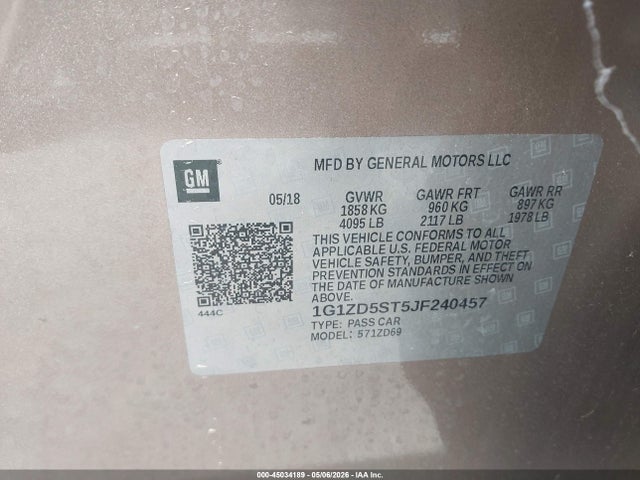 45034189 :رقم المزاد ، 1G1ZD5ST5JF240457 vin ، 2018 Chevrolet Malibu Lt مزاد بيع