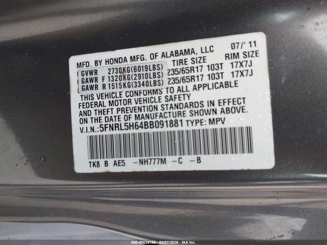 Продаж на аукціоні авто 2011 Honda Odyssey Ex-l, vin: 5FNRL5H64BB091881, номер лоту: 45034196