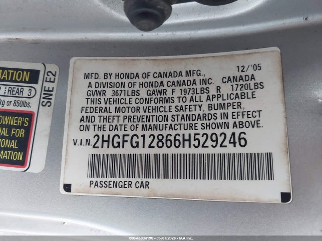 45034198 :رقم المزاد ، 2HGFG12866H529246 vin ، 2006 Honda Civic Ex مزاد بيع