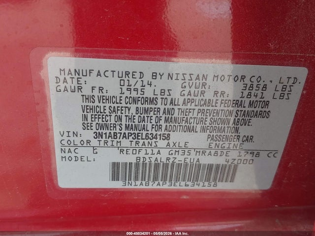 45034201 :رقم المزاد ، 3N1AB7AP3EL634158 vin ، 2014 Nissan Sentra Sr مزاد بيع