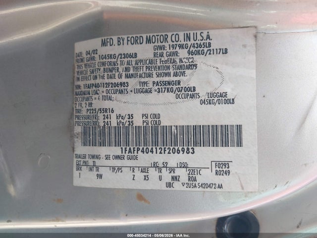 Aukcja sprzedaży 2002 Ford Mustang, vin: 1FAFP40412F206983, numer aukcji: 45034214