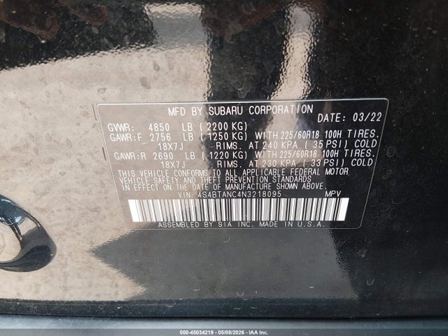 45034219 :رقم المزاد ، 4S4BTANC4N3218095 vin ، 2022 Subaru Outback Limited مزاد بيع