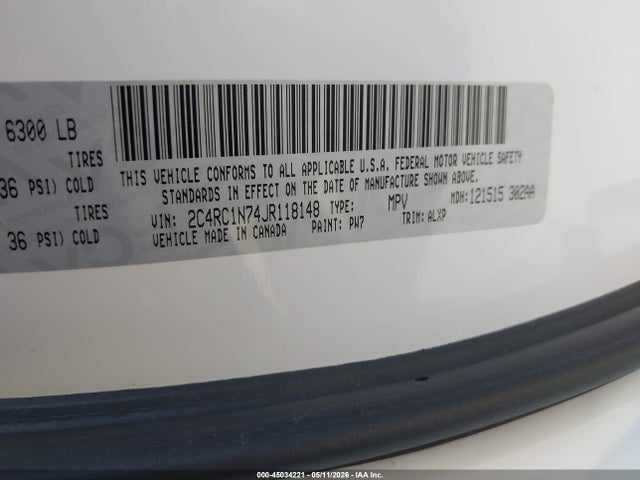 45034221 :رقم المزاد ، 2C4RC1N74JR118148 vin ، 2018 Chrysler Pacifica Hybrid Limited مزاد بيع