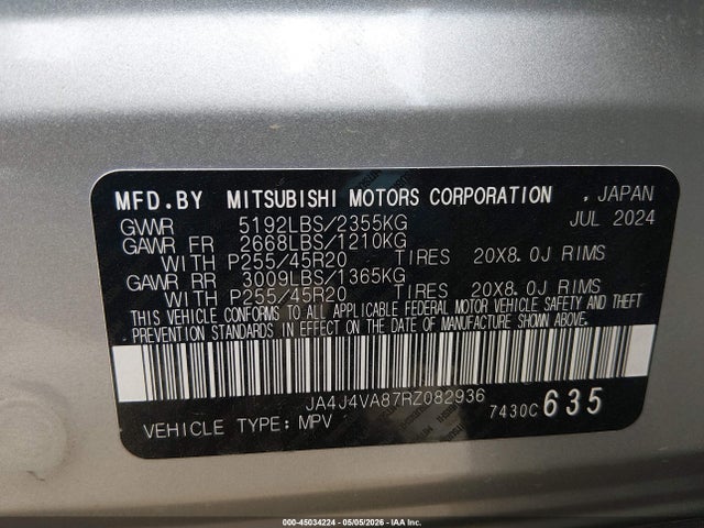 45034224 :رقم المزاد ، JA4J4VA87RZ082936 vin ، 2024 Mitsubishi Outlander Se 2.5 S-awc/se Black Edition S-awc/se Black Edition W/pano Roof S-awc/se Ralliart S-awc مزاد بيع