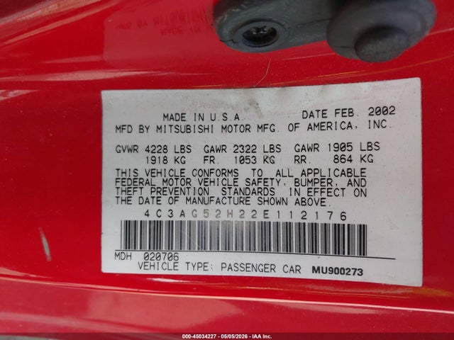Продаж на аукціоні авто 2002 Chrysler Sebring Lxi, vin: 4C3AG52H22E112176, номер лоту: 45034227