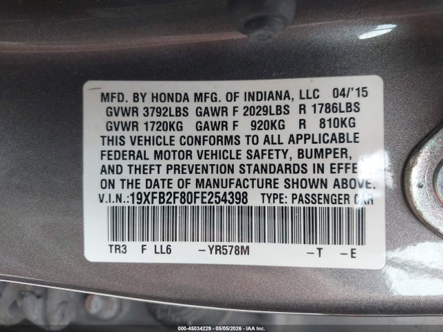 Продажа на аукционе авто 2015 Honda Civic Ex, vin: 19XFB2F80FE254398, номер лота: 45034229