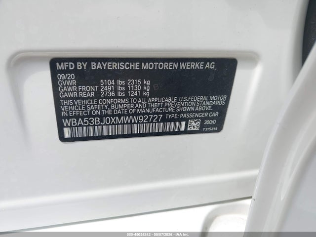 Продажа на аукционе авто 2021 Bmw 540i, vin: WBA53BJ0XMWW92727, номер лота: 45034242