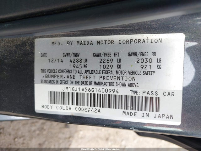 Aukcja sprzedaży 2016 Mazda Mazda6 I Touring, vin: JM1GJ1V56G1400994, numer aukcji: 45034247