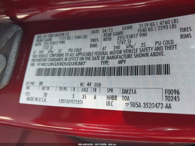45034255 :رقم المزاد ، 1FMCU9GX9DUD35387 vin ، 2013 Ford Escape Se مزاد بيع