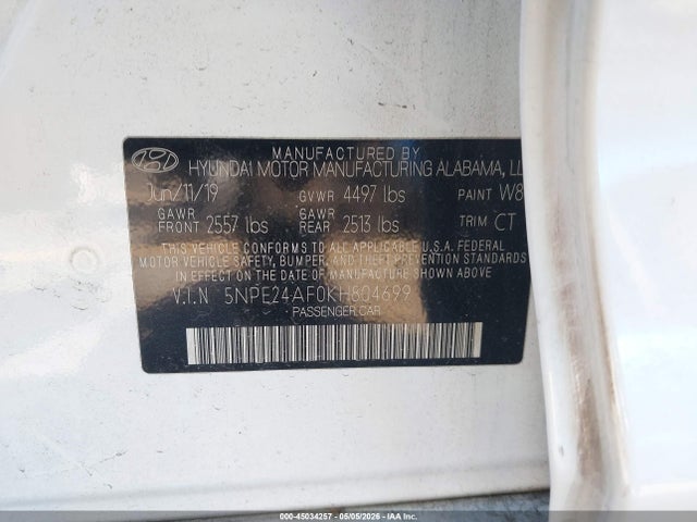 2019 Hyundai Sonata Se მანქანა იყიდება აუქციონზე, vin: 5NPE24AF0KH804699, აუქციონის ნომერი: 45034257