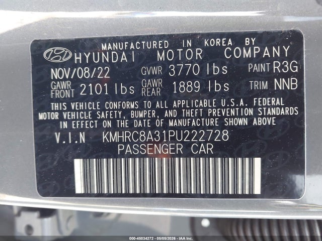 Aukcja sprzedaży 2023 Hyundai Venue Sel, vin: KMHRC8A31PU222728, numer aukcji: 45034272