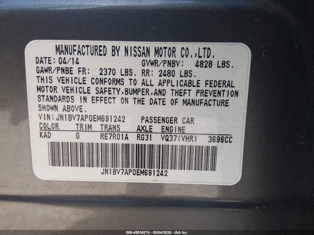 Продаж на аукціоні авто 2014 Infiniti Q50 Premium, vin: JN1BV7AP0EM691242, номер лоту: 45034274