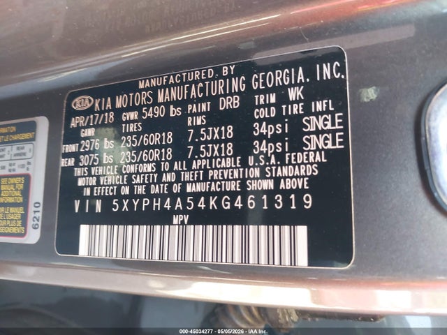 2019 Kia Sorento 3.3l Ex მანქანა იყიდება აუქციონზე, vin: 5XYPH4A54KG461319, აუქციონის ნომერი: 45034277