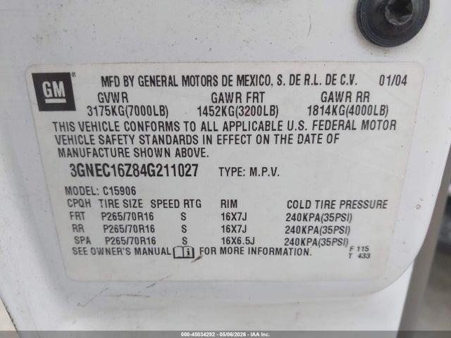 45034292 :رقم المزاد ، 3GNEC16Z84G211027 vin ، 2004 Chevrolet Suburban 1500 Ls مزاد بيع