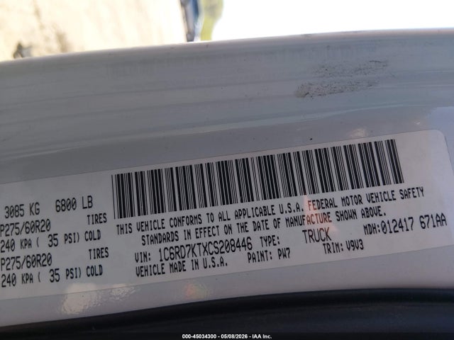 45034300 :رقم المزاد ، 1C6RD7KTXCS208446 vin ، 2012 Ram 1500 St مزاد بيع