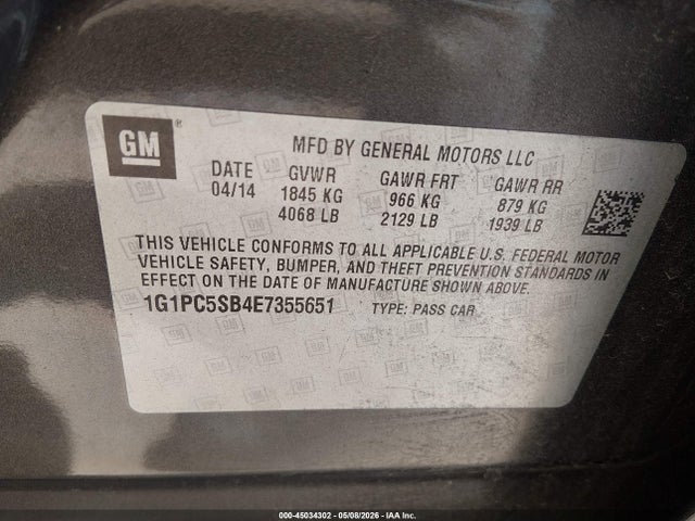 45034302 :رقم المزاد ، 1G1PC5SB4E7355651 vin ، 2014 Chevrolet Cruze 1lt Auto مزاد بيع