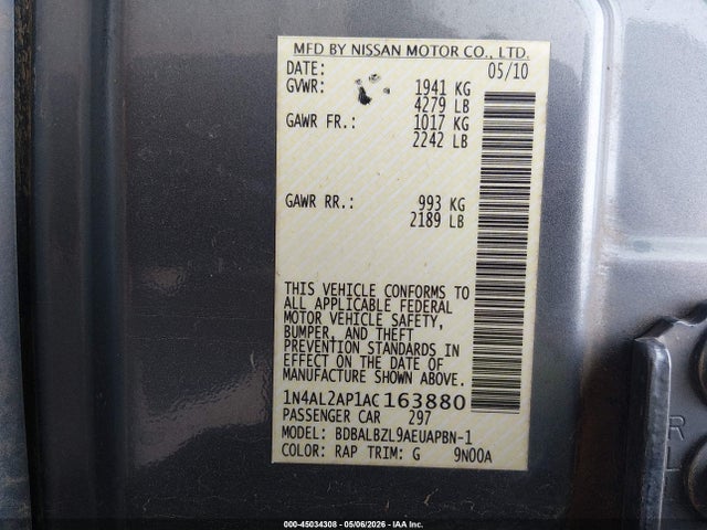 Продажа на аукционе авто 2010 Nissan Altima 2.5 S, vin: 1N4AL2AP1AC163880, номер лота: 45034308