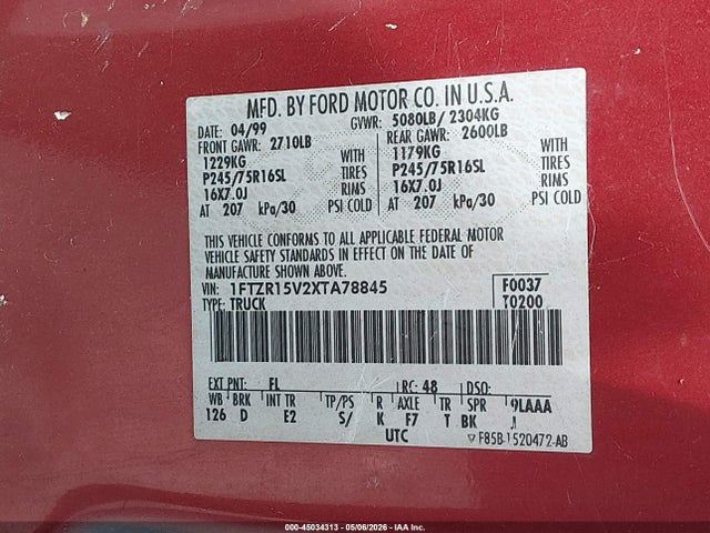 Auction sale of the 1999 Ford Ranger Xl/xlt, vin: 1FTZR15V2XTA78845, lot number: 45034313