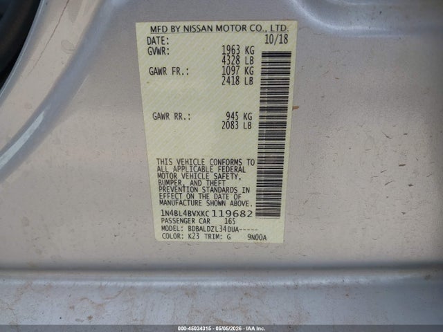 Продажа на аукционе авто 2019 Nissan Altima 2.5 S, vin: 1N4BL4BVXKC119682, номер лота: 45034315