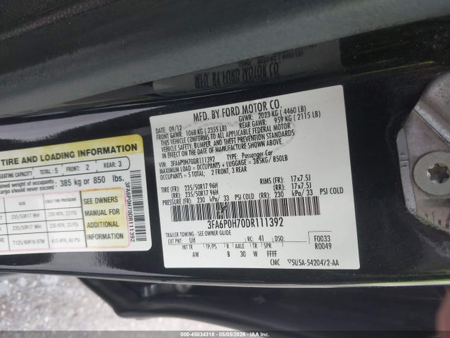 Aukcja sprzedaży 2013 Ford Fusion Se, vin: 3FA6P0H70DR111392, numer aukcji: 45034318