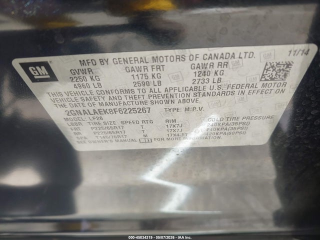 45034319 :رقم المزاد ، 2GNALAEK8F6225267 vin ، 2015 Chevrolet Equinox Ls مزاد بيع