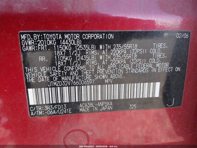 45034323 :رقم المزاد ، JTMZD32V766006597 vin ، 2006 Toyota Rav4 Sport مزاد بيع