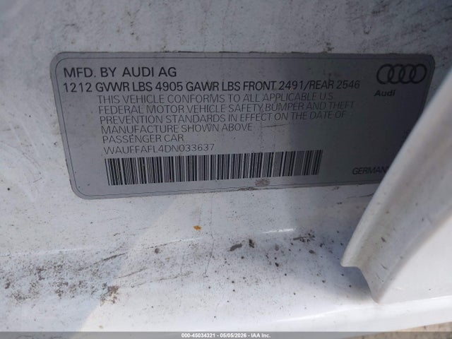 2013 Audi A4 2.0t Premium მანქანა იყიდება აუქციონზე, vin: WAUFFAFL4DN033637, აუქციონის ნომერი: 45034321