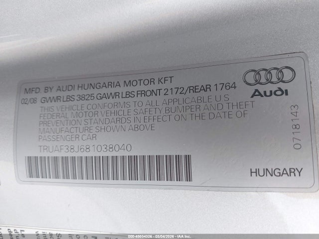 Продажа на аукционе авто 2008 Audi Tt 2.0t, vin: TRUAF38J681038040, номер лота: 45034326