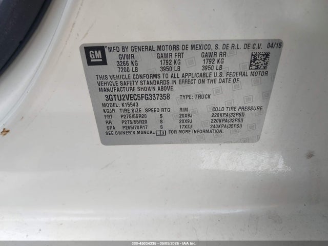 45034335 :رقم المزاد ، 3GTU2VEC5FG337358 vin ، 2015 Gmc Sierra 1500 Slt مزاد بيع