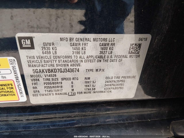 Продаж на аукціоні авто 2016 Buick Enclave Leather, vin: 5GAKVBKD7GJ343674, номер лоту: 45034344
