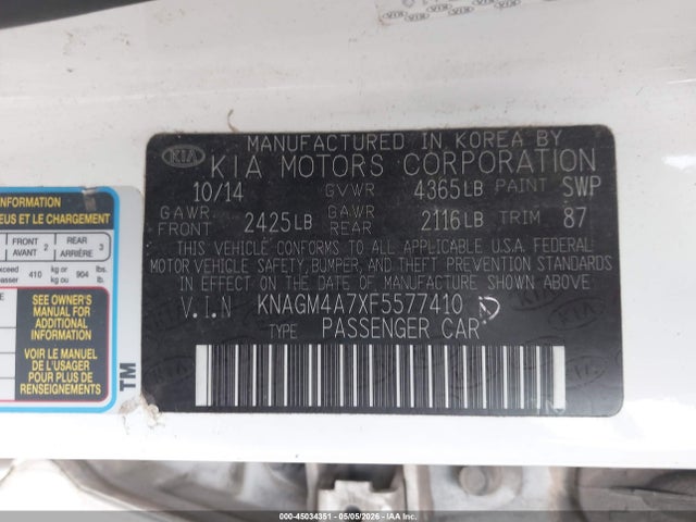 Продаж на аукціоні авто 2015 Kia Optima Lx, vin: KNAGM4A7XF5577410, номер лоту: 45034351