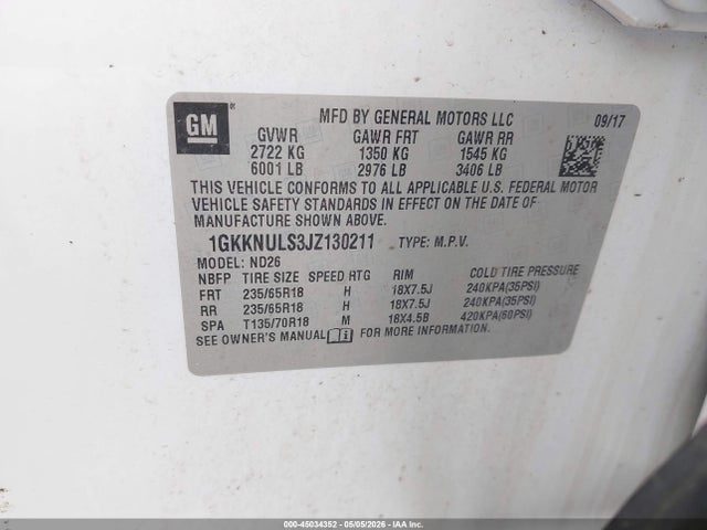 45034352 :رقم المزاد ، 1GKKNULS3JZ130211 vin ، 2018 Gmc Acadia Slt-1 مزاد بيع