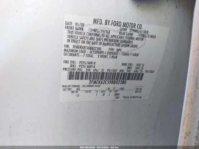 Aukcja sprzedaży 2009 Ford Flex Sel, vin: 2FMEK62C59BB02380, numer aukcji: 45034356