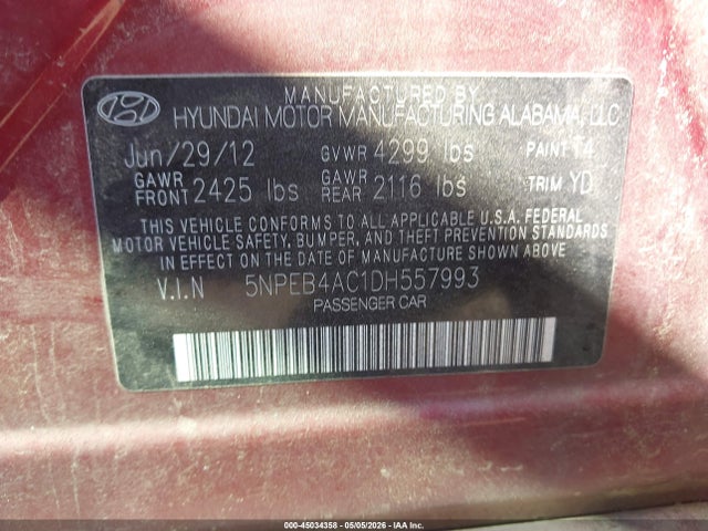 Продаж на аукціоні авто 2013 Hyundai Sonata Gls, vin: 5NPEB4AC1DH557993, номер лоту: 45034358
