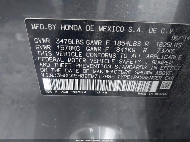 2015 Honda Fit Ex/ex-l მანქანა იყიდება აუქციონზე, vin: 3HGGK5H82FM712985, აუქციონის ნომერი: 45034366