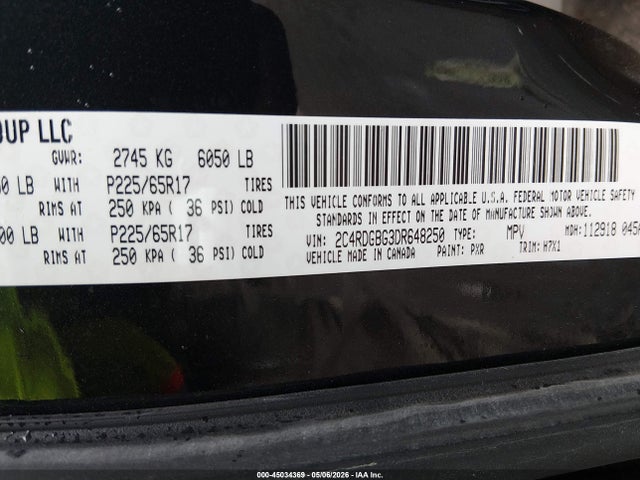45034369 :رقم المزاد ، 2C4RDGBG3DR648250 vin ، 2013 Dodge Grand Caravan Se مزاد بيع