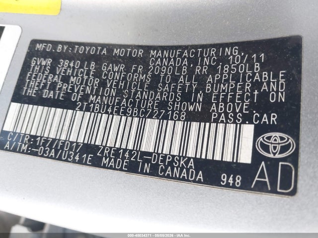 45034371 :رقم المزاد ، 2T1BU4EE9BC727168 vin ، 2011 Toyota Corolla S مزاد بيع