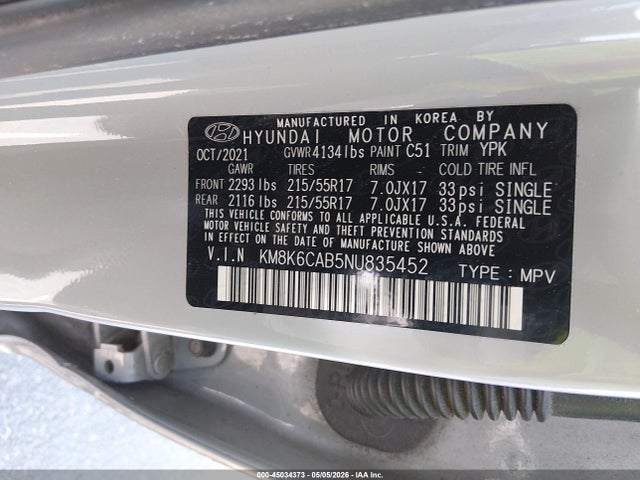 Aukcja sprzedaży 2022 Hyundai Kona Sel, vin: KM8K6CAB5NU835452, numer aukcji: 45034373