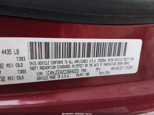 Продаж на аукціоні авто 2012 Jeep Compass Latitude, vin: 1C4NJCEA2CD664223, номер лоту: 45034374