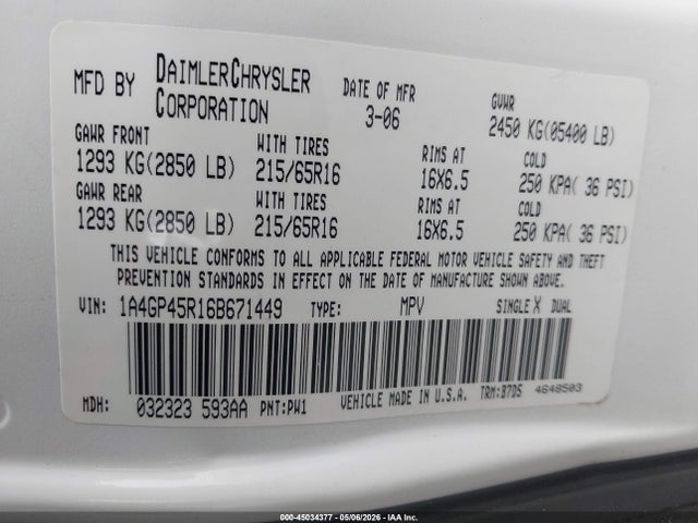 Aukcja sprzedaży 2006 Chrysler Town & Country, vin: 1A4GP45R16B671449, numer aukcji: 45034377